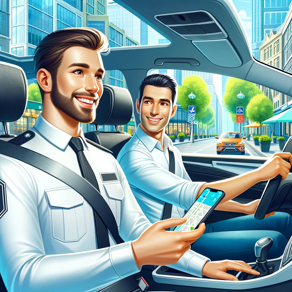 A friendly, professional driver in a smart uniform driving a modern, clean car. The driver is smiling and engaging in a pleasant conversation with a p