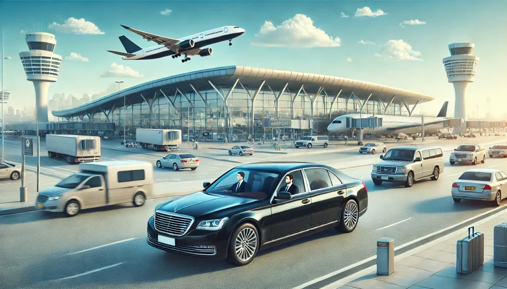 A realistic scene depicting a seamless airport transfer service by cozy driver( call a driver, dial a driver). A comfortable black sedan is driving smoothly towards a busy airport terminal, avoidi