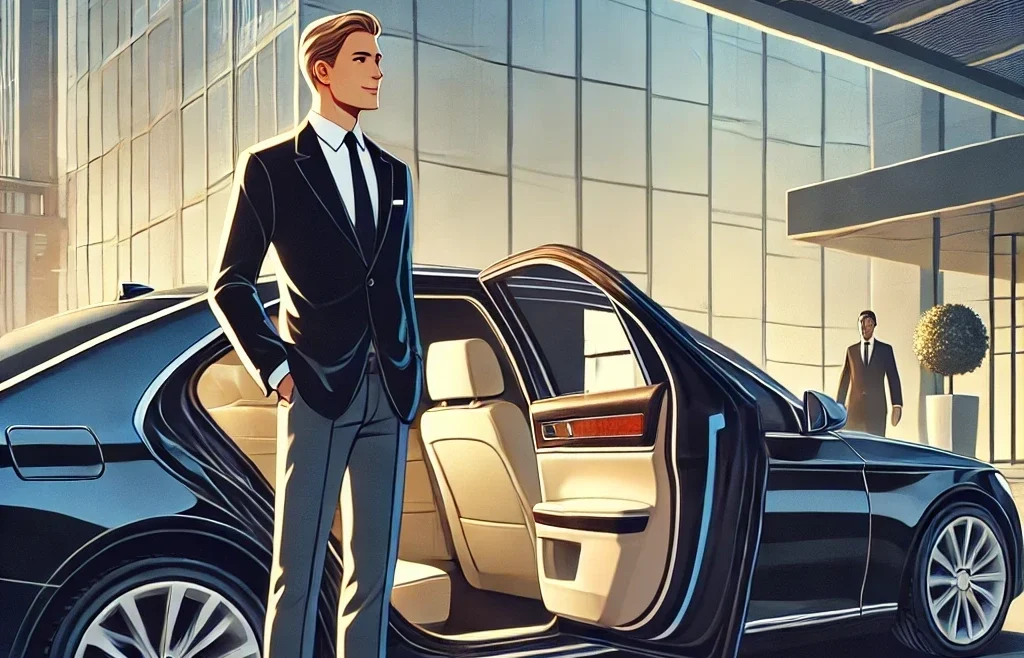 A luxury sedan with a professional designated cozy driver standing behind the open door, allowing a well-dressed passenger to step out. The driver is wearing a sharp
